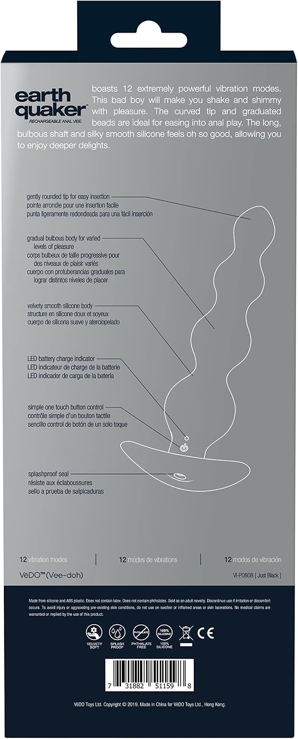 VeDO Earth Quaker Anal Vibrator, Rechargeable Mens Prostate Vibe, Adult Sex Toy, Easy Insertion Round Tip, Quick Removal Grip Handle (Just Black)