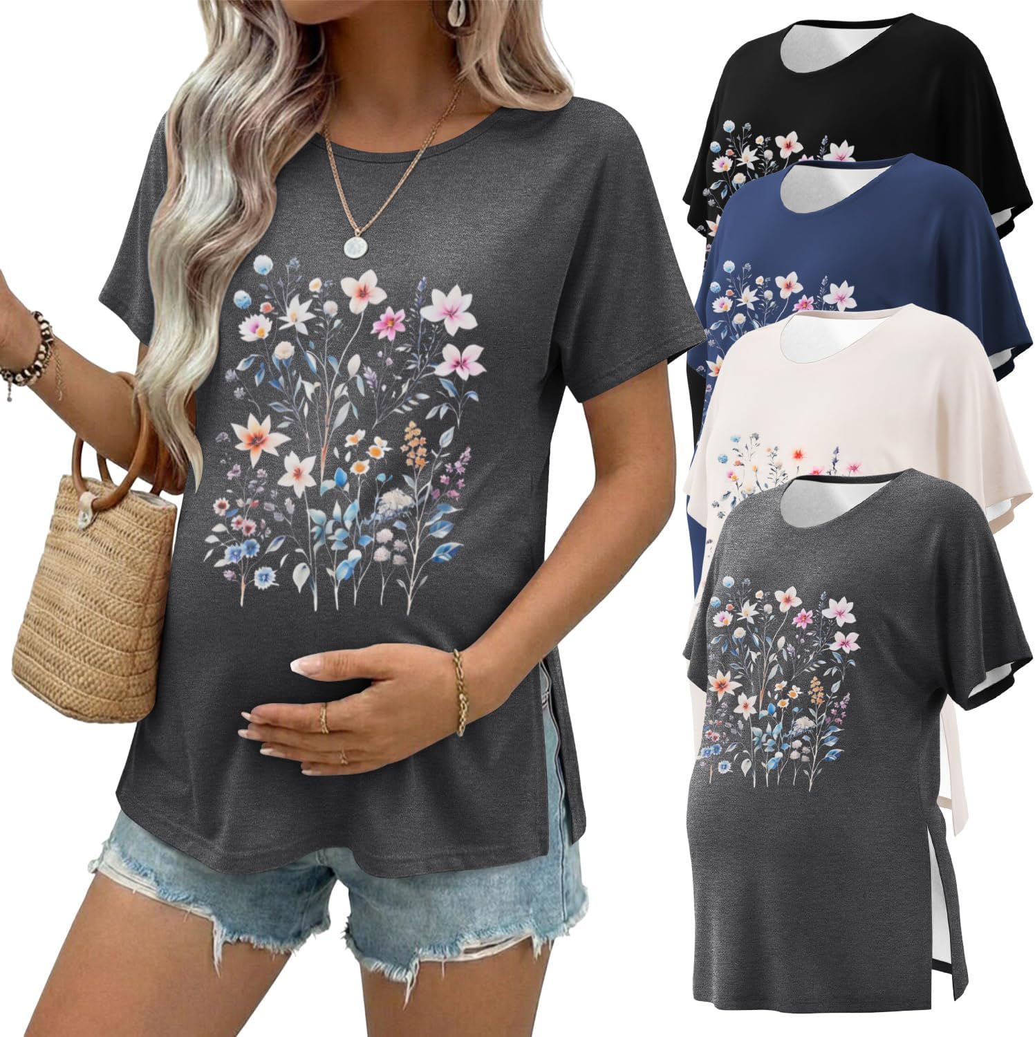 Ekouaer 4 Pack Maternity Shirts Short Sleeve Pregnancy Tunic Tops Casual Postpartum Outfits Split Side Mama Clothes