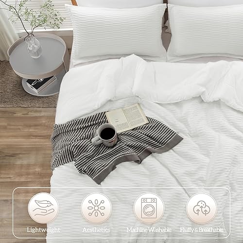 Miniatura 2 de Homelike Moment Juego de edredón bohemio tamaño individual, blanco, 2 piezas, ligero, cálido, jacquard, juego de edredón para todas las estaciones,