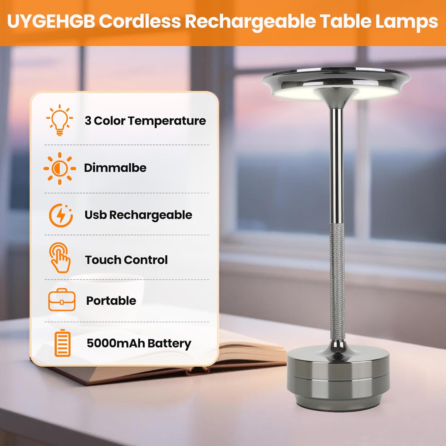 Cordless Table Lamp Rechargeable 5000mAh, 3-Color Stepless Dimming Touch Sensor, Portable LED Desk Light for Bedroom, Nightstand, Camping, Patio (1-Pack Pearl Black)