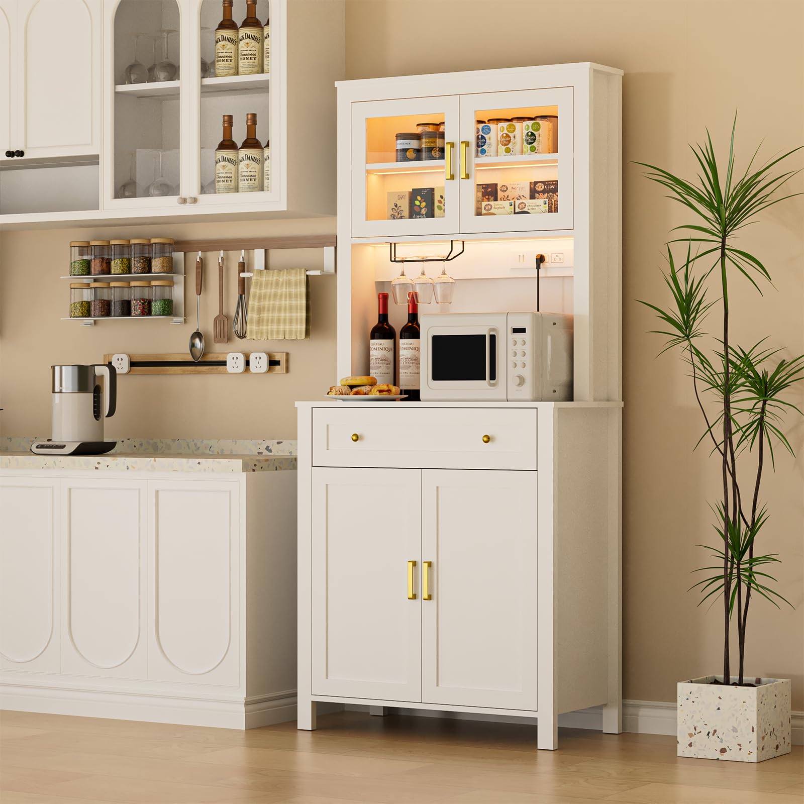 72 Pantry Cabinet for Kitchen with LED Light Power Outlets Microwave Stand with Storage Kitchen Pantry with Microwave