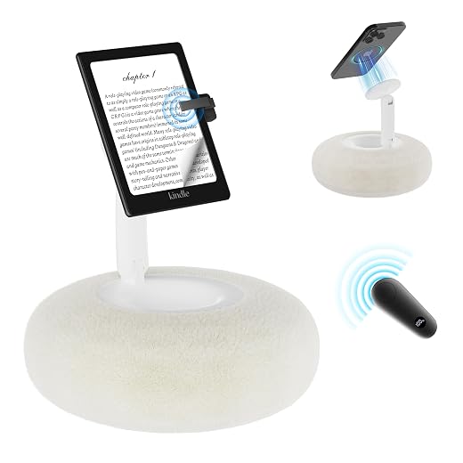 VOLTIFYMAX Magnetic Kindle Holder with Page Turner, Cozy Pillow Kindle Stand for Reading, 360° Adjustable Phone Holder for Bed, Small Bowl for Tablet Stand with Stable Suction Base (White)