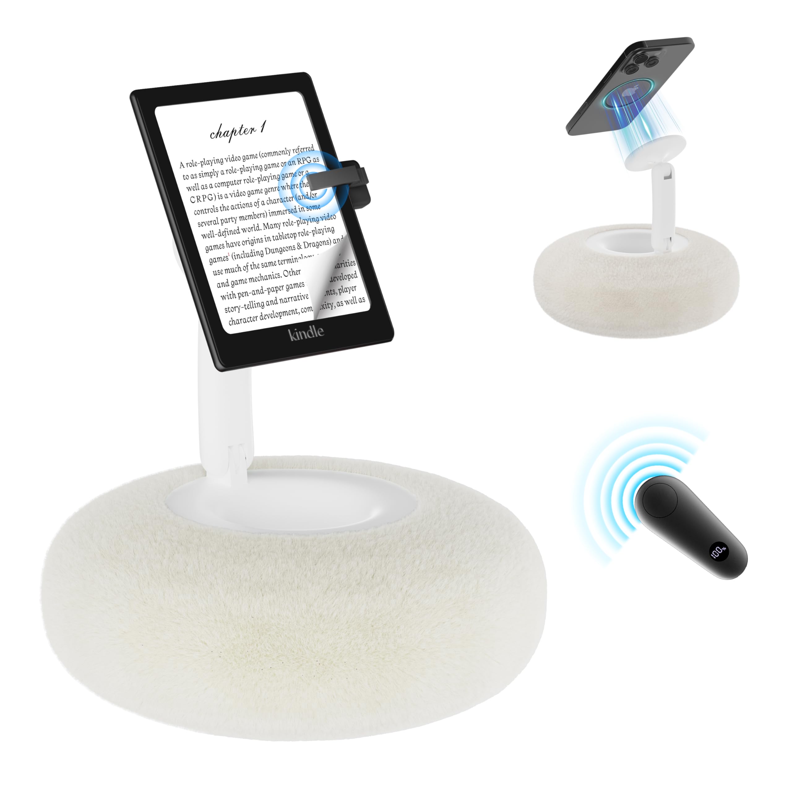 VOLTIFYMAX Magnetic Kindle Holder with Page Turner, Cozy Pillow Kindle Stand for Reading, 360° Adjustable Phone Holder for Bed, Small Bowl for Tablet