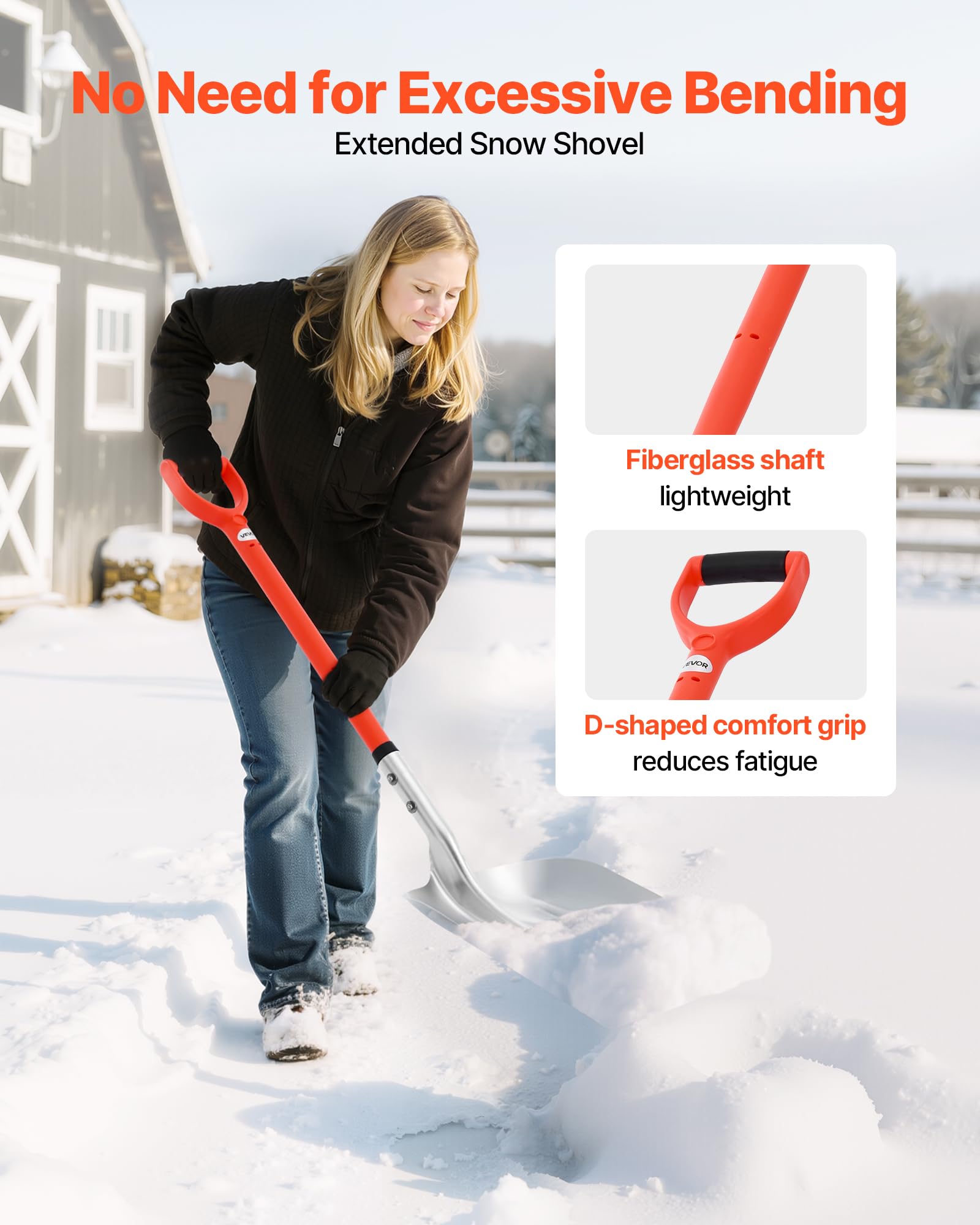 VEVOR Pala de Nieve de Aleación de Aluminio, Pala Quitanieves Ancho de 35 cm, Mango de Fibra de Vidrio con Empuñadura en D, Portátil y Ligera, para Quitar Nieve de Jardín, Coche, Entrada de Vehículos