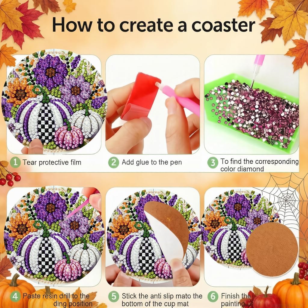 LWZAYS 8 PCS Fall Pumpkin Diamond Art Coaster Kits with Holder - Autumn Diamond Painting for Adults Beginners - 5D Gem Art Dots Paintings with Cork Pads - Crafts Supplies