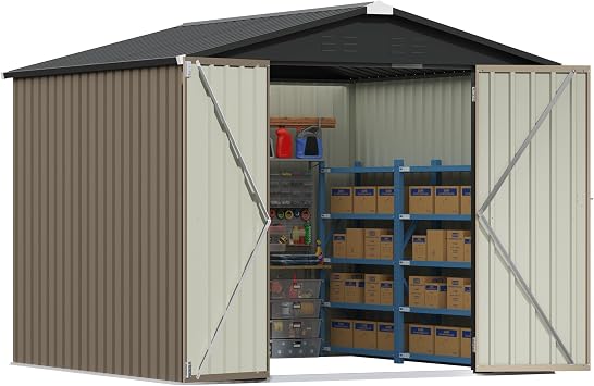 Patiowell 8x8 FT Storage Shed with Lockable Door, Metal Tool Outdoor Sheds with Sloping Roof, Modern Utility Patio Shed for Lawn Garden Backyard, Brown