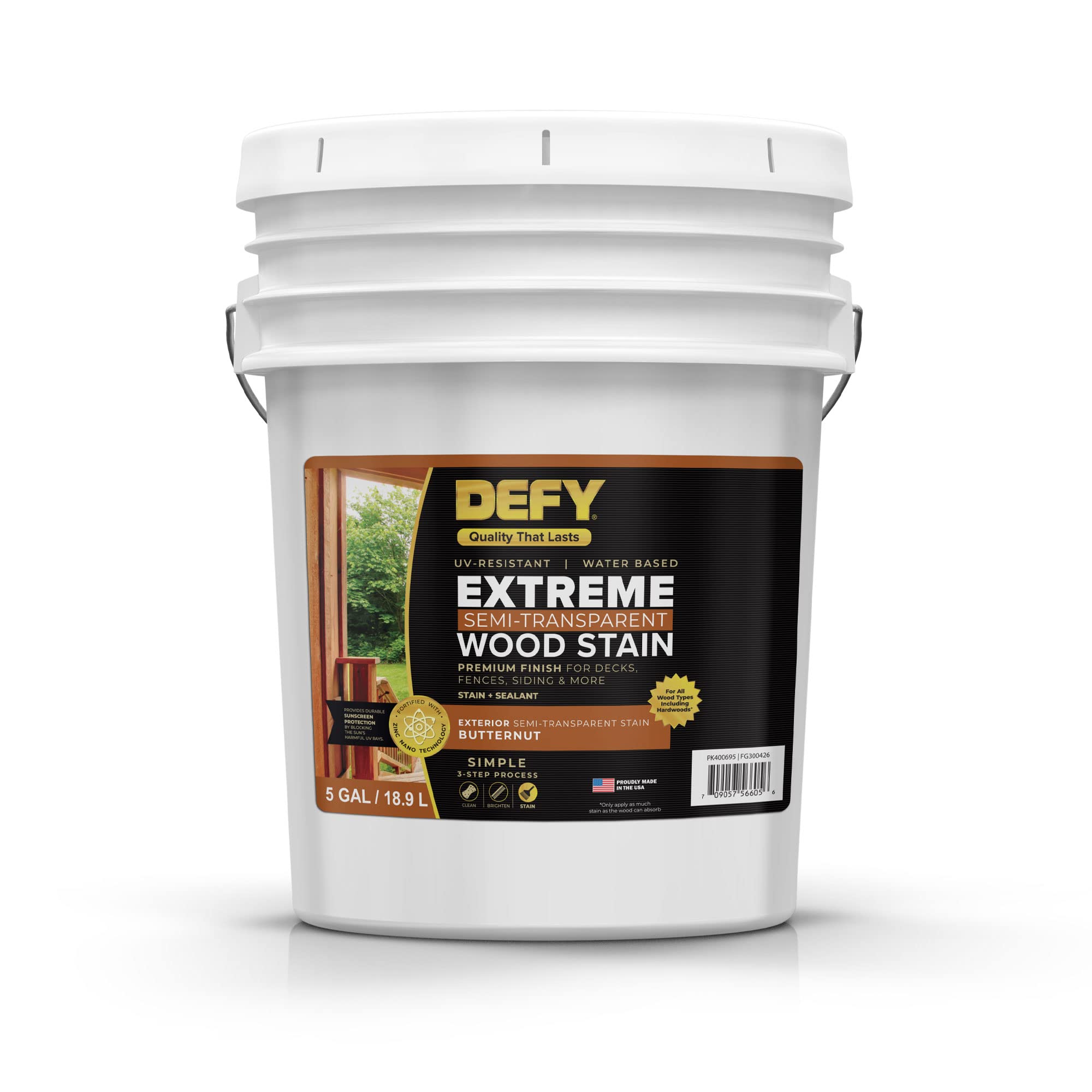DEFY Extreme Wood Stain and Sealer in One - 5 Gallon Semi-Transparent Waterproof Coating for All Wood Types - Butternut