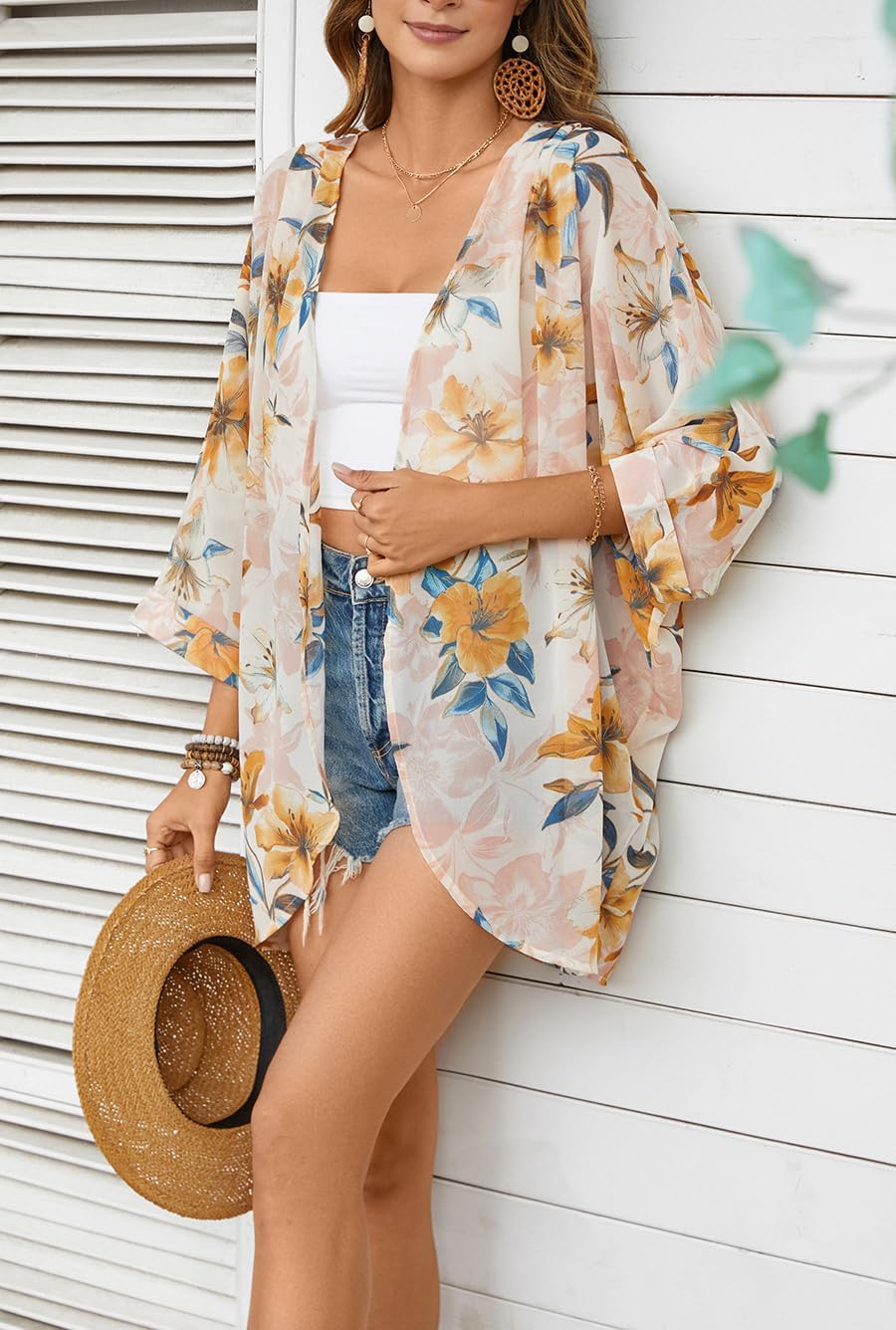 olrain Women's Floral Print Sheer Chiffon 3/4 Bat Sleeve Casual Loose Kimono Cardigan Capes - Image 6