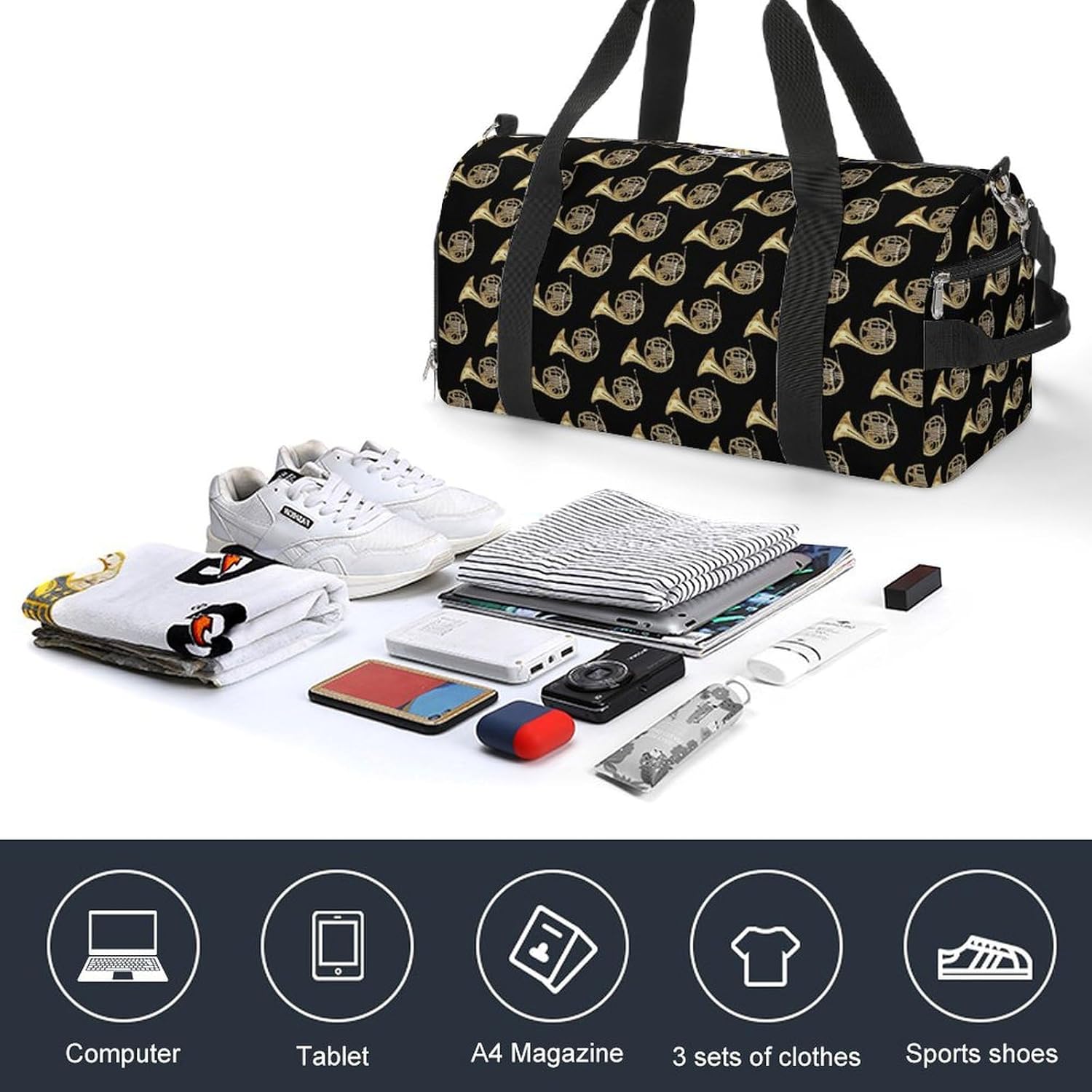 French Horns Golden Musical Instrument Black A Fitness Bag with Large Storage Space Is Suitable for Portable Outdoor Use