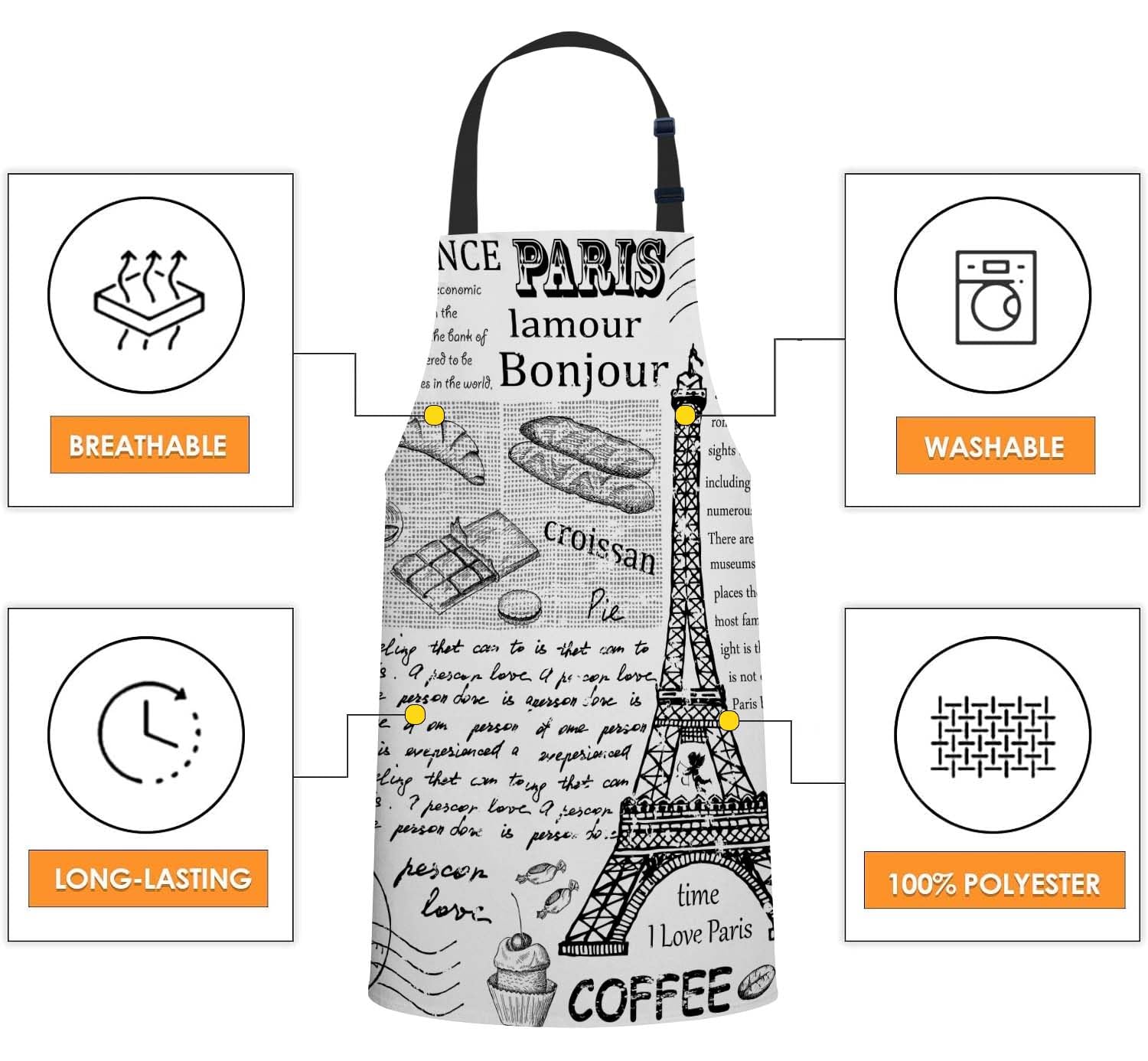 Smooffly Retro Postcard with Eiffel Tower in Paris Apron,Adjustable Neck Bib Apron for Men Women,Suitable for Kitchen Cooking Waitress Chef Apron - Image 4