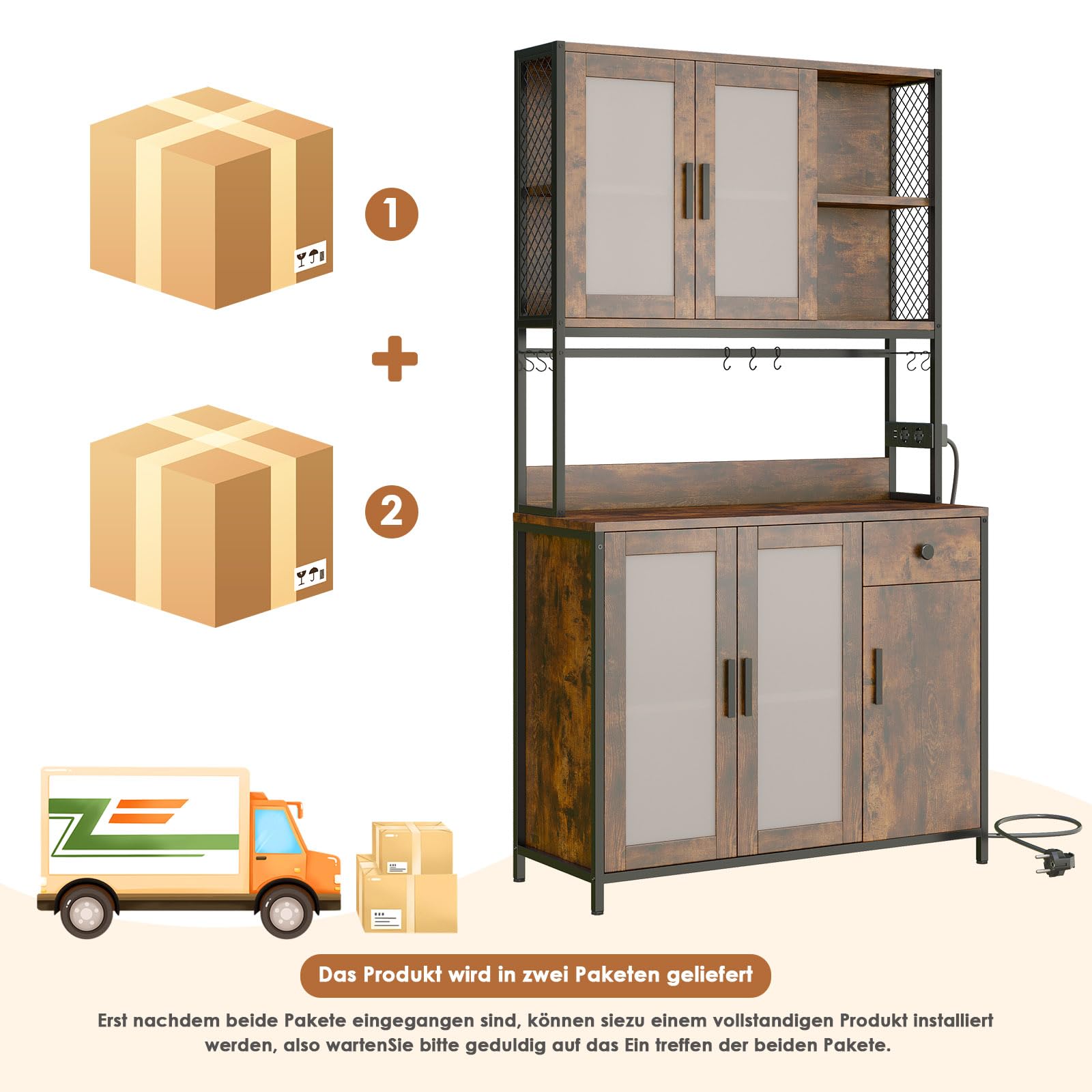 Dripex Küchenschrank 181cm Hoher Buffetschrank mit Arbeitsplatte, mit Steckdosen, Vorratsschrank Küche mit 5 Türen und eine Schublade, Hochschrank Küche für Wohnzimmer Esszimmer Bar, Industrie-Design