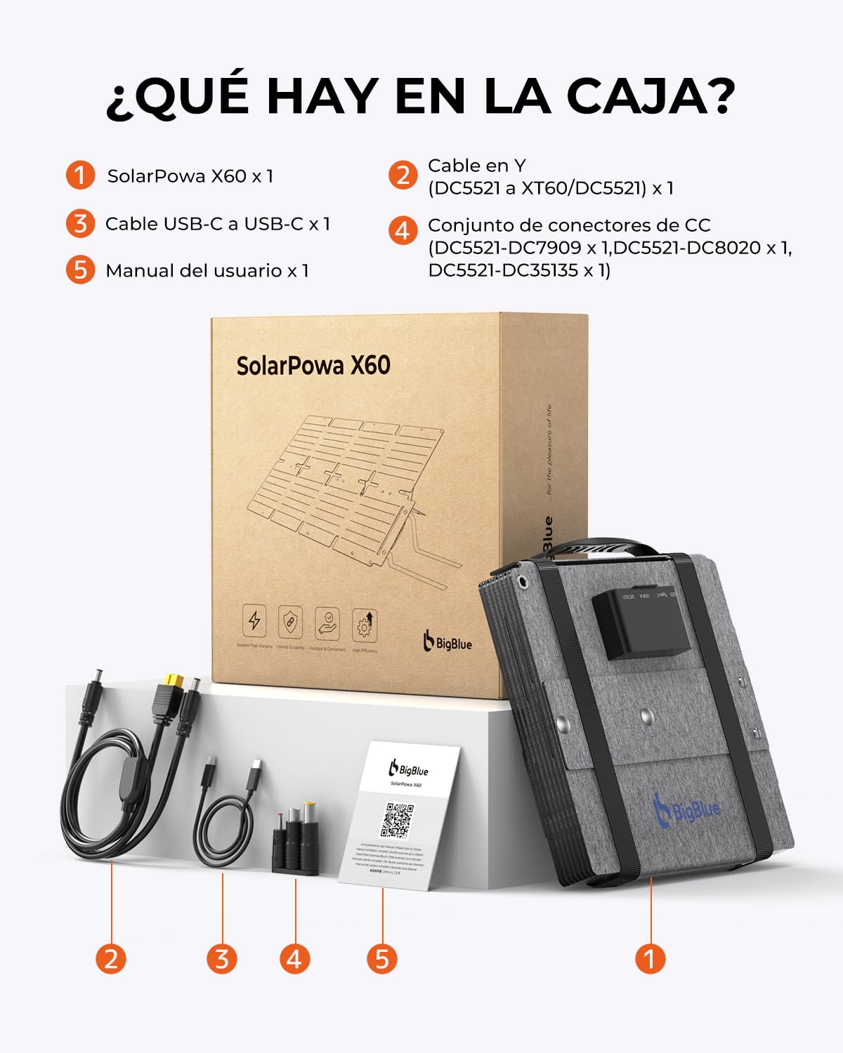 BigBlue Cargador Solar Plegable de 60W, ETFE Panel Solar Portátil QC3.0+PD45W+Salida de CC de 22,2V 【IP68 Resistente al Agua y Soporte】 para Acampada, Compatible con Celular Tableta Generador Solar