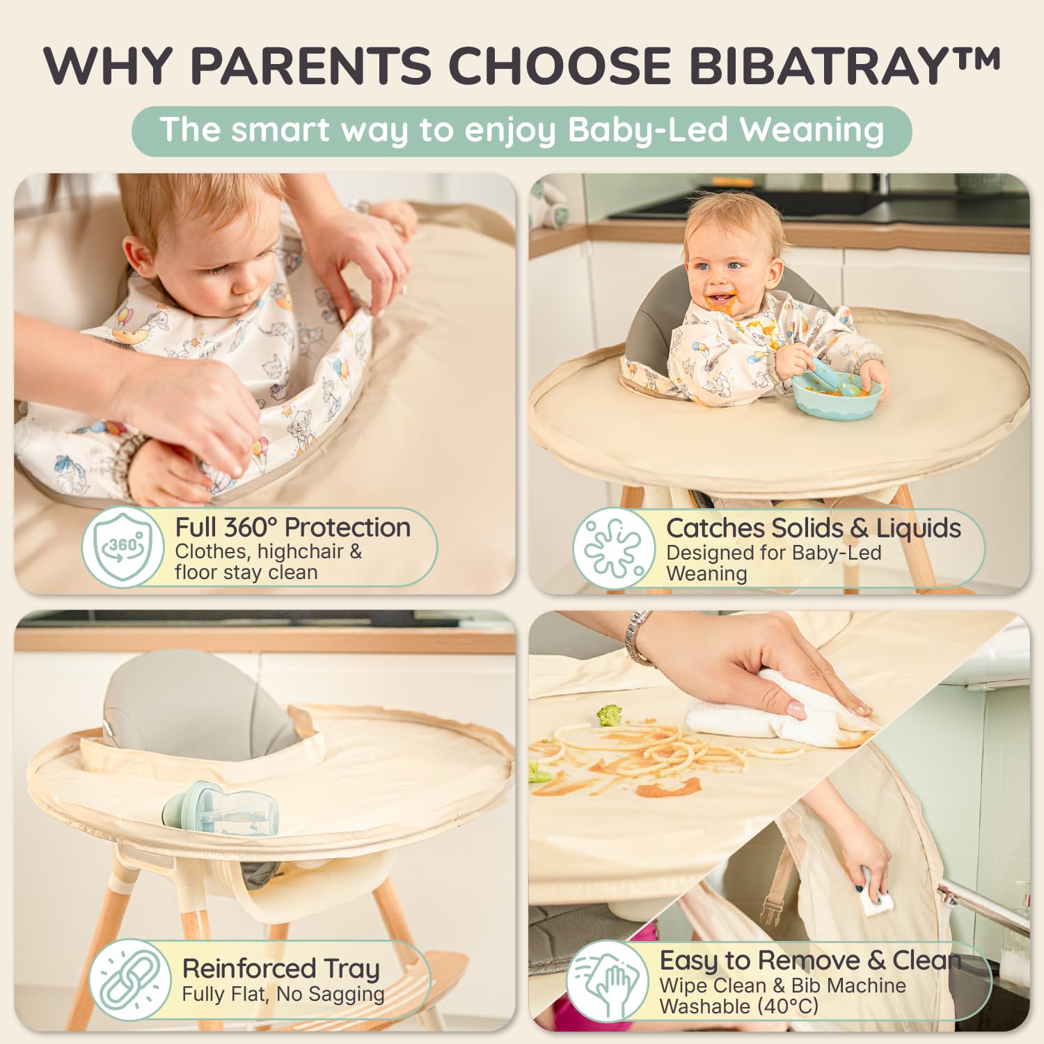 BIBATRAY™ M – taca uzupełniająca i zestaw śliniaków z rękawów (BLW) – wodoszczelny fartuch na całe ciało – uniwersalna ochrona wysokiego krzesła + kieszeń na zamek błyskawiczny