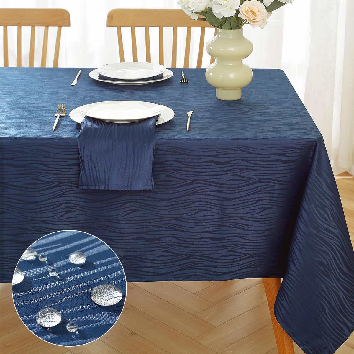 MATIRUG Mantel rectangular de jacquard azul marino de 60 x 84 pulgadas, diseño a rayas, impermeable, sin arrugas, pesado, decoración de mesa de tela suave para banquetes, picnic, cocina, comedor