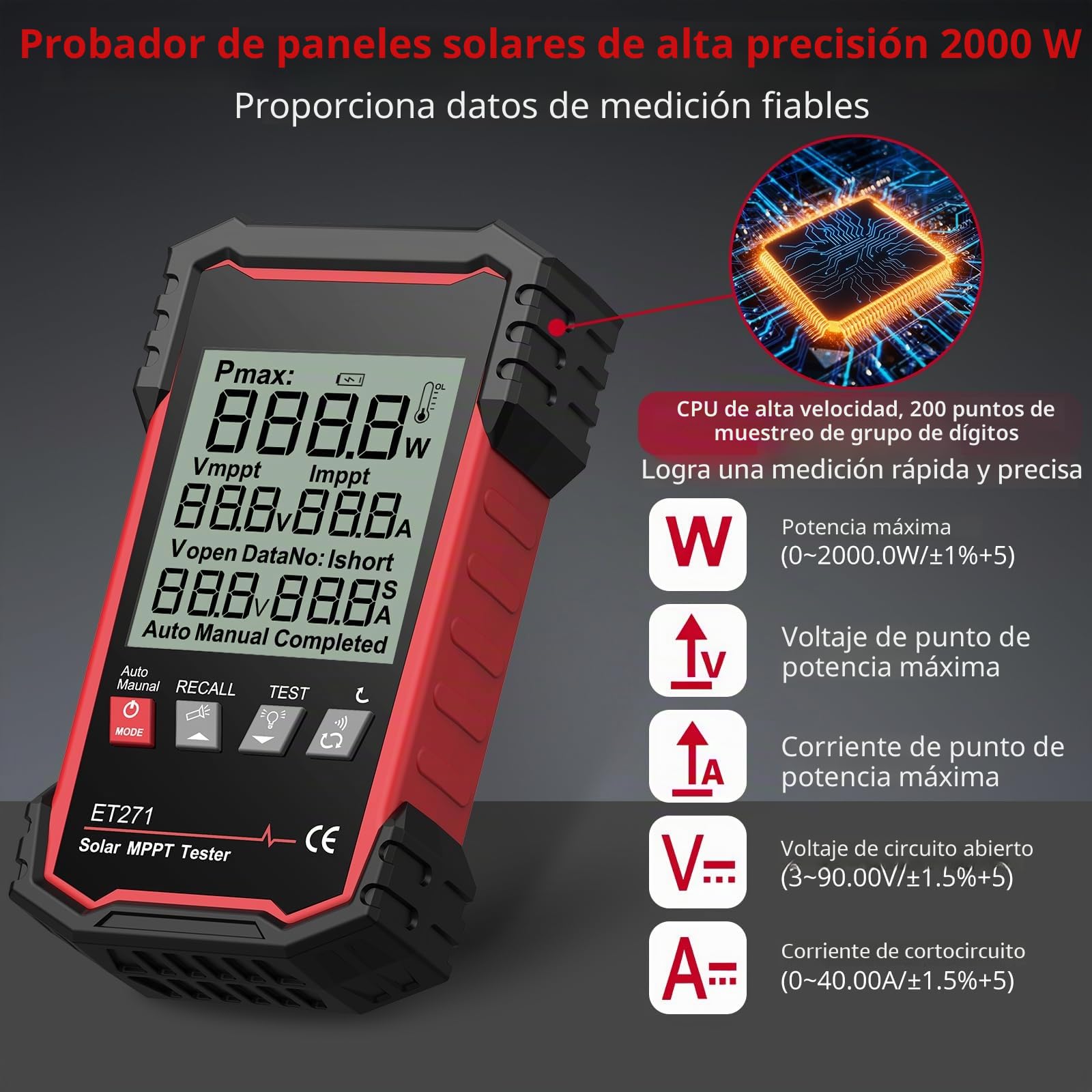XUNTOP Probador de Paneles Solares 2000W Multímetro Fotovoltaico con Pantalla LCD Grande Probador MPPT 90V/40A Recargable con Retención Automática de Datos para Pmax Vmp Amp Voc Isc