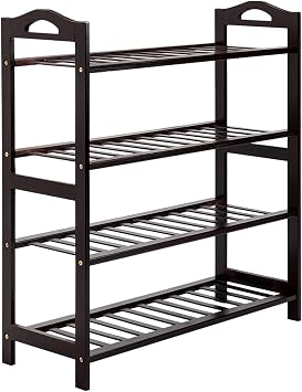 Coffee 4-Tier Bamboo Long Shoe Rack Concise 12-Batten 4 Tiers 16-Pair Shoes Storage Organizer for Entryway Closet Hallway Shelf Stackable Cabinet Durable Shelves
