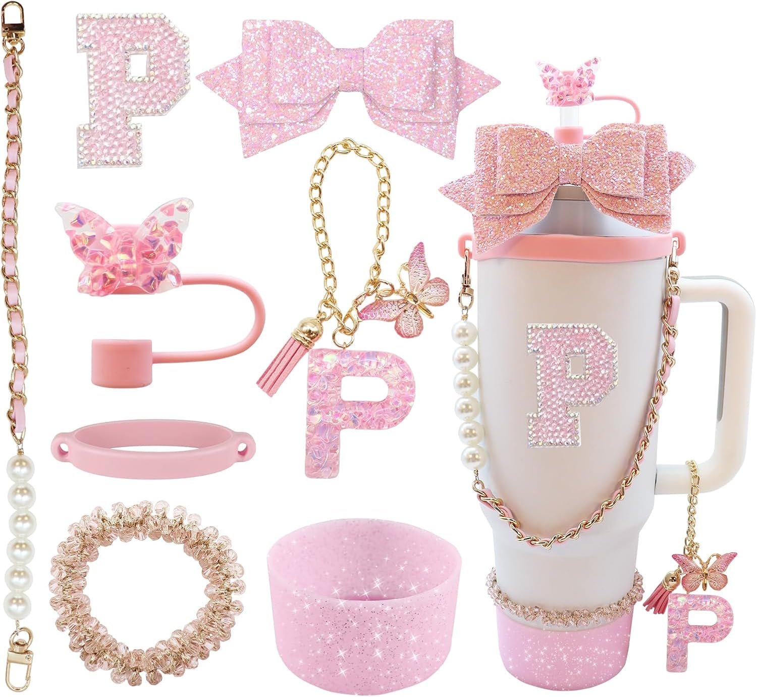 8PCS Pink Bow Bling Stanley Cup Accessories Set for 30&40oz-P