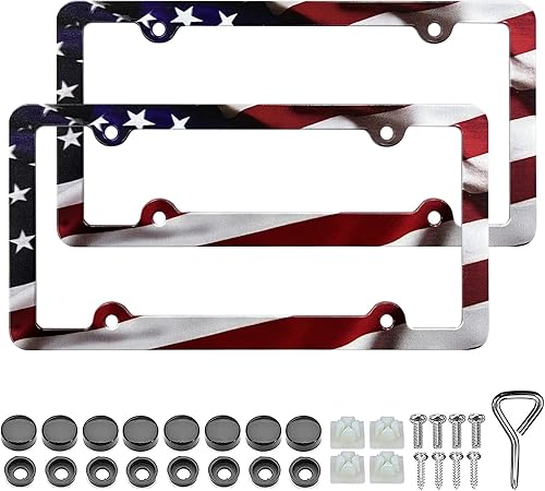 Miniatura 10 de LIN KANG - 2 marcos para placa, con diseño de las franjas de la bandera estadounidense, patrióticos, universales, de aluminio, acabado mate