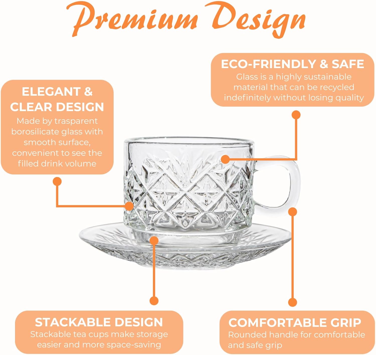 Atarvana 6 Pack Glass Tea Cups and Saucers Set with Spoons, Glazeal Stackable 5.41oz/160ml Heat-Resistant Espresso Cups, Transparent Tea Glass for Cappuccino, Latte, Cafe and Home Kitchen Use