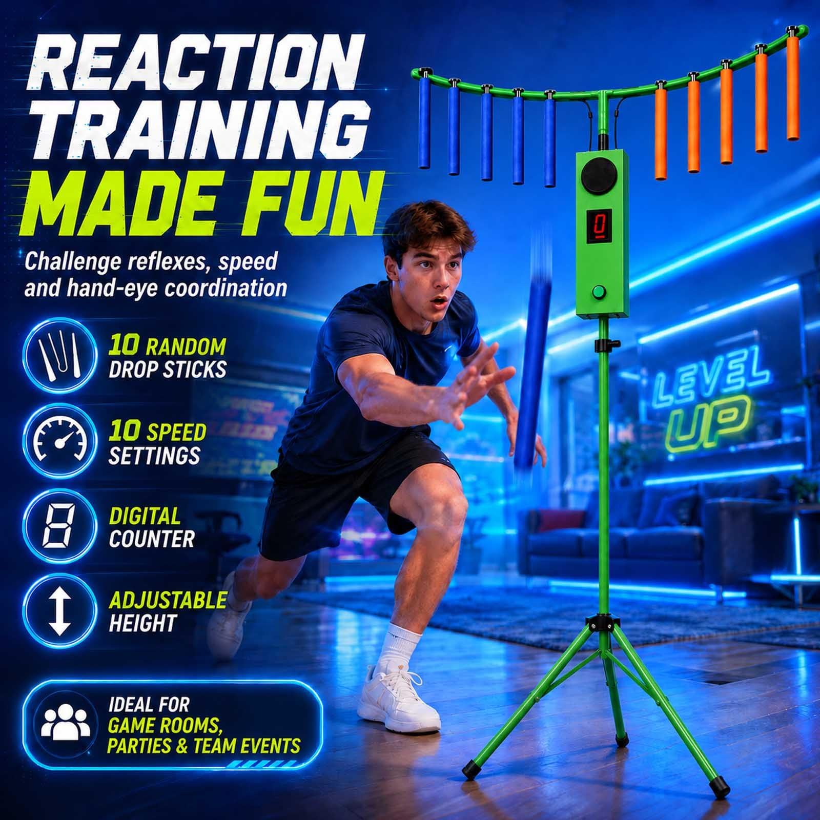 Arcade Reflex Challenge Game - Formazione di coordinazione occhio-mano con 10 bastoncini, luci LED e musica per feste, riunioni di famiglia ed eventi di squadra