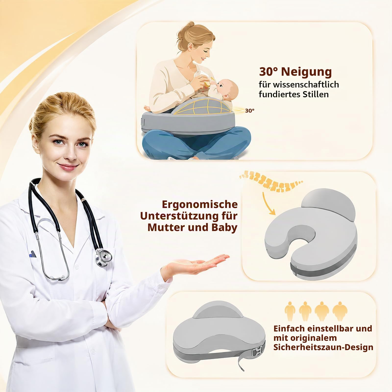 Stillkissen mit Sicherheitsumrandung, Memory Foam Stillkissen Ergonomisch mit Verstellbarem Gurt & Abnehmbarem Waschbarem Bezug, GroßesStillkissen für Komfort beim Stillen Zuhause Unterwegs