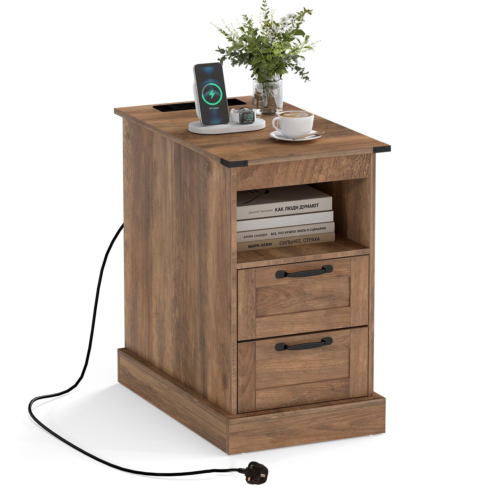 COSTWAY Narrow Bedside Table with Charging Station (1, Rustic Brown)
