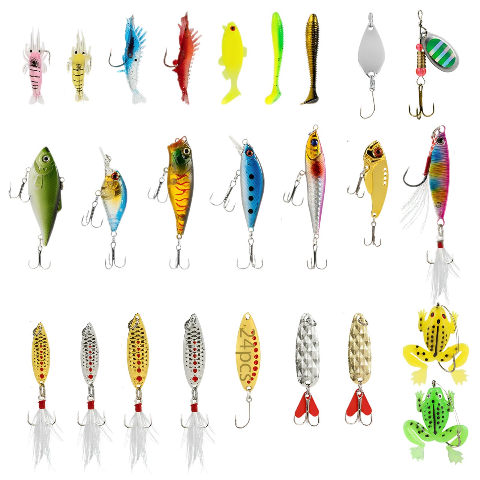 24 STK. Angelköder-Set, realistische Garnelen- und Froschform, Metall-Glitzer-Spinnerbaits, reflektierender Köderkörper, Köder für Barsch, Forelle und Lachs, als Geschenk für Angler