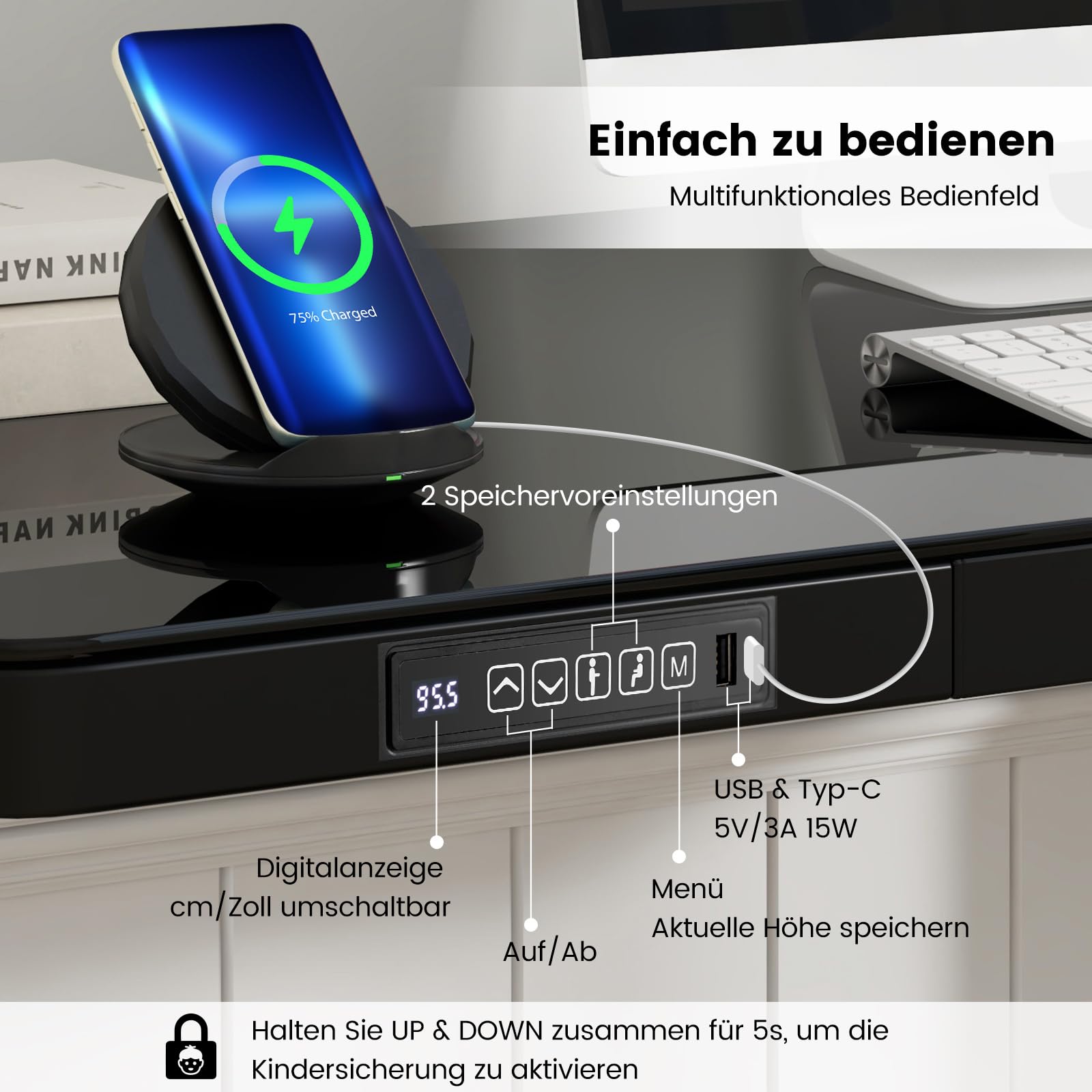 COSTWAY biurko z regulacją wysokości, elektryczny pulpit stojący z blatem ze szkła hartowanego, pulpit do stania i siedzenia z szufladą i stacją do ładowania, stolik pod komputer, 120 x 60 cm (czarny)