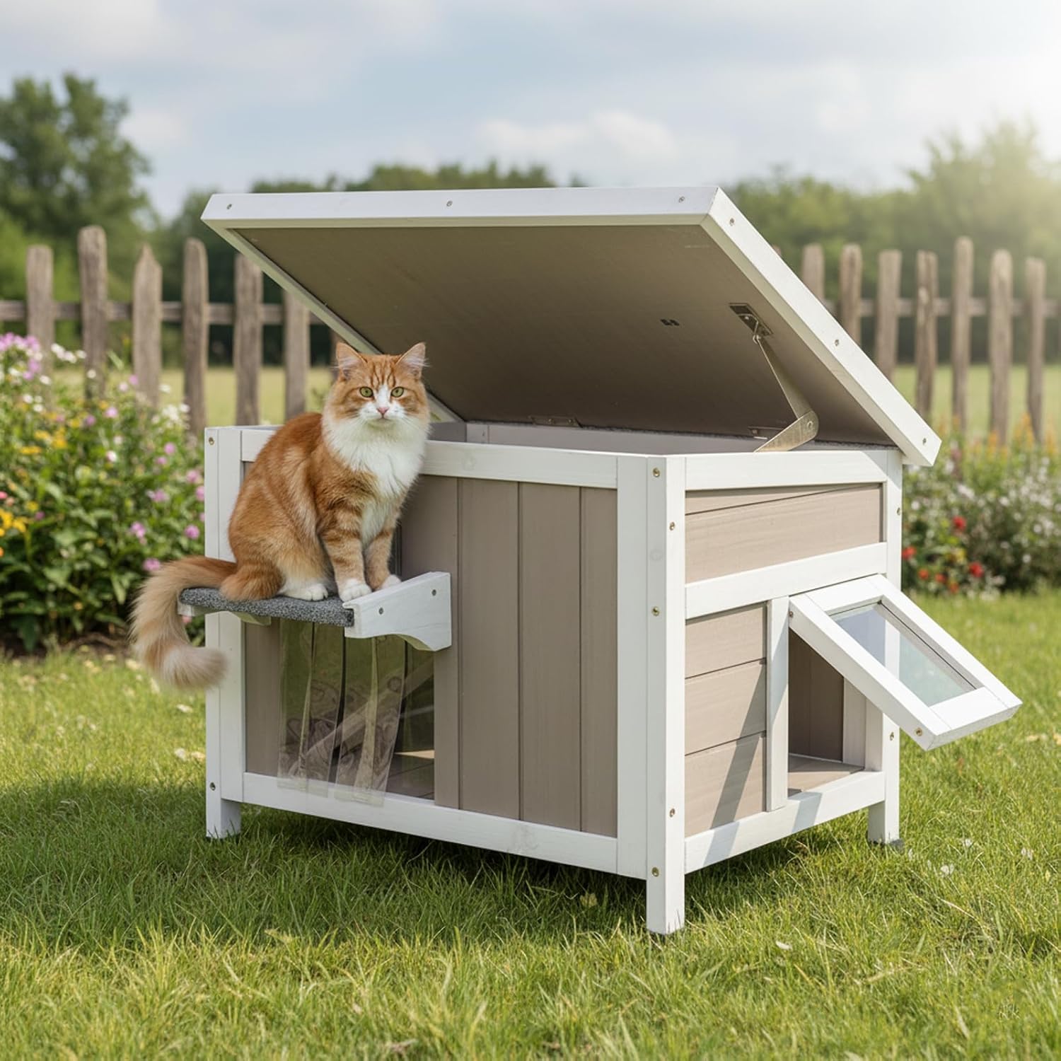 Outdoor Cat House, Weatherproof Wooden Feral Cat Shelter Indoor with Transparent PVC Curtains, Openable Asphalt Roof, 2 Escape Doors, Cat House for Outdoor Cats
