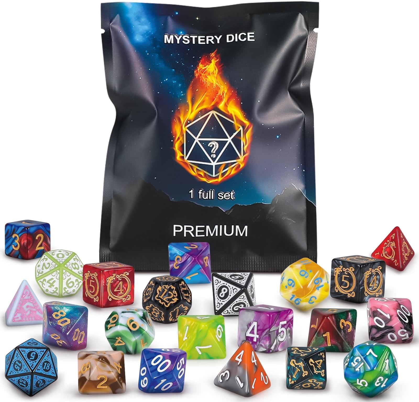 QMAY Polyhedral Dice - 8PCS Mystery Dice Set, Various Styles DND Dice, Random D&D Dice Patterns & Dice Bag, DND Gifts, Suitable for Dungeons and Dragons, RPG, MTG,Role Playing Table Game