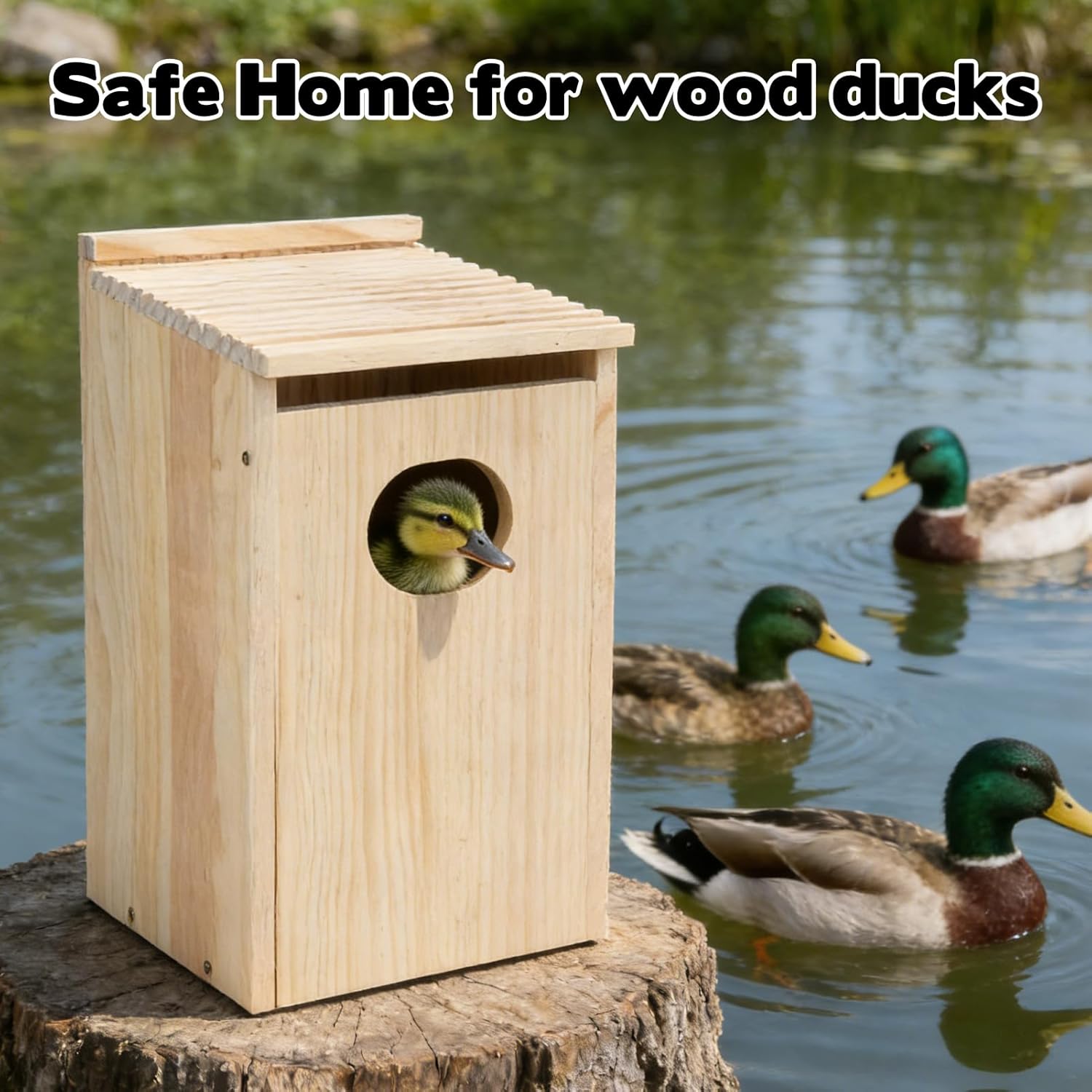 Cedar Wood Duck House for Outside, 17.3" x 10.2"x 10.2" Outdoor Wood Duck Shelter and Nesting Box for Pond, Wetland Ducks and Hooded Mergansers