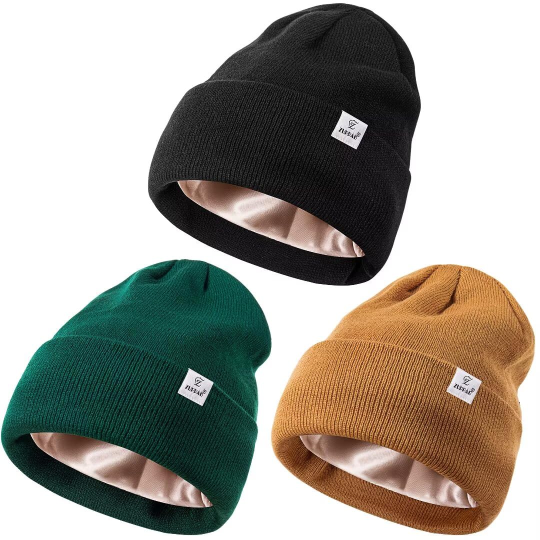 Paquete de 3 gorros de invierno con forro de satén, gorro de punto suave y cálido para mujeres y hombres