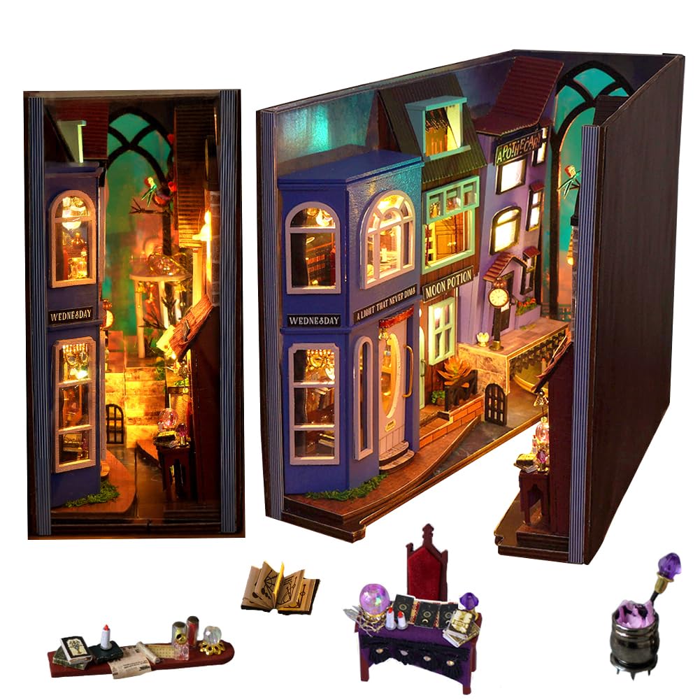 TOPBSFARNY DIY Miniature Book Nook kit, Bookend House Building kit, Dollhouse Booknook Kit, 3D Wooden Puzzle Bookend Bookshelf Insert Decor with Light for Adults