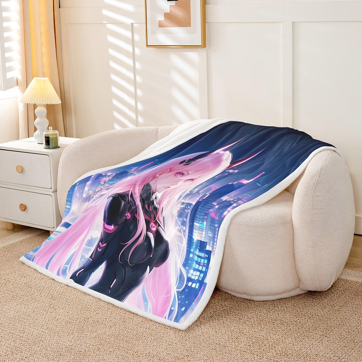 Erosebridal Japanese Anime Throw Blanket 40"X50", Anime Girl Fleece Sherpa Blanket Kawaii Japanese Style Decorative Sofa Couch Cartoon Japan Animation Decor for Boys Teens Adult Bedroom