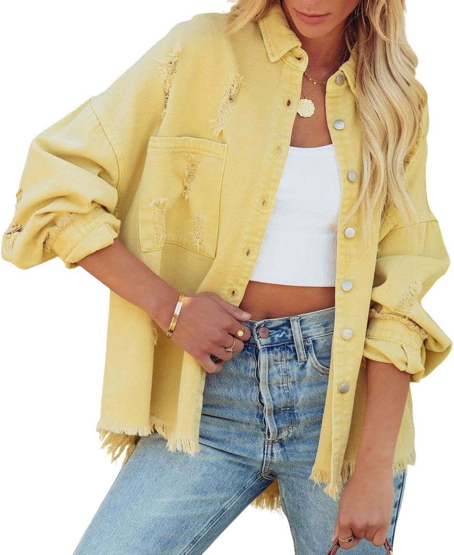 chouyatou Women's Boyfriend Ripped Holes Frayed Raw Hem Distressed Denim Jacket