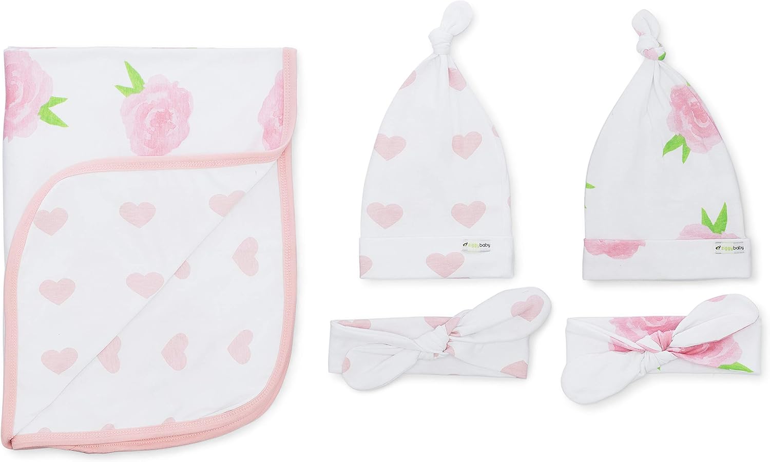 Ziggy Baby Peony & Heart 5 Piece Blanket, Hat and Headband Collection Pink White
