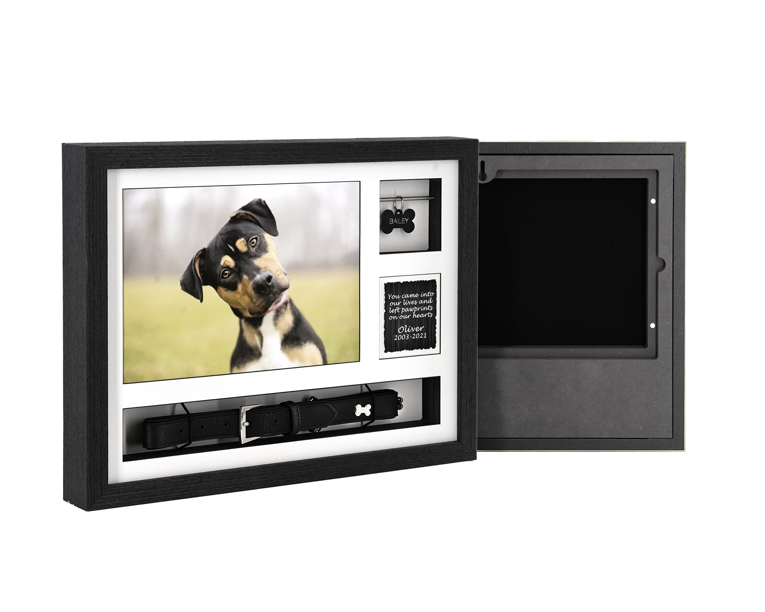 Solid Wood Pet Ashes Photo Frame Urn 16x12 – Displays Photos, Collar and Tag (Black, With Standard Glass)
