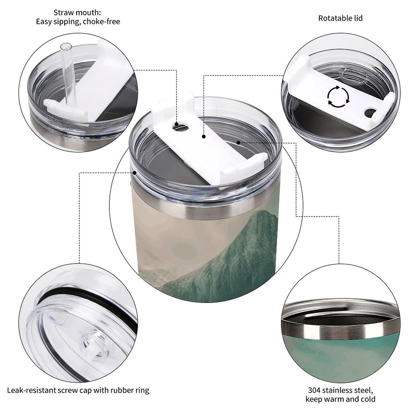 Tazas de ríos y montañas con popote y asa, taza de café con aislamiento al vacío de doble pared, botellas de agua para café helado, té, bebidas frías y calientes