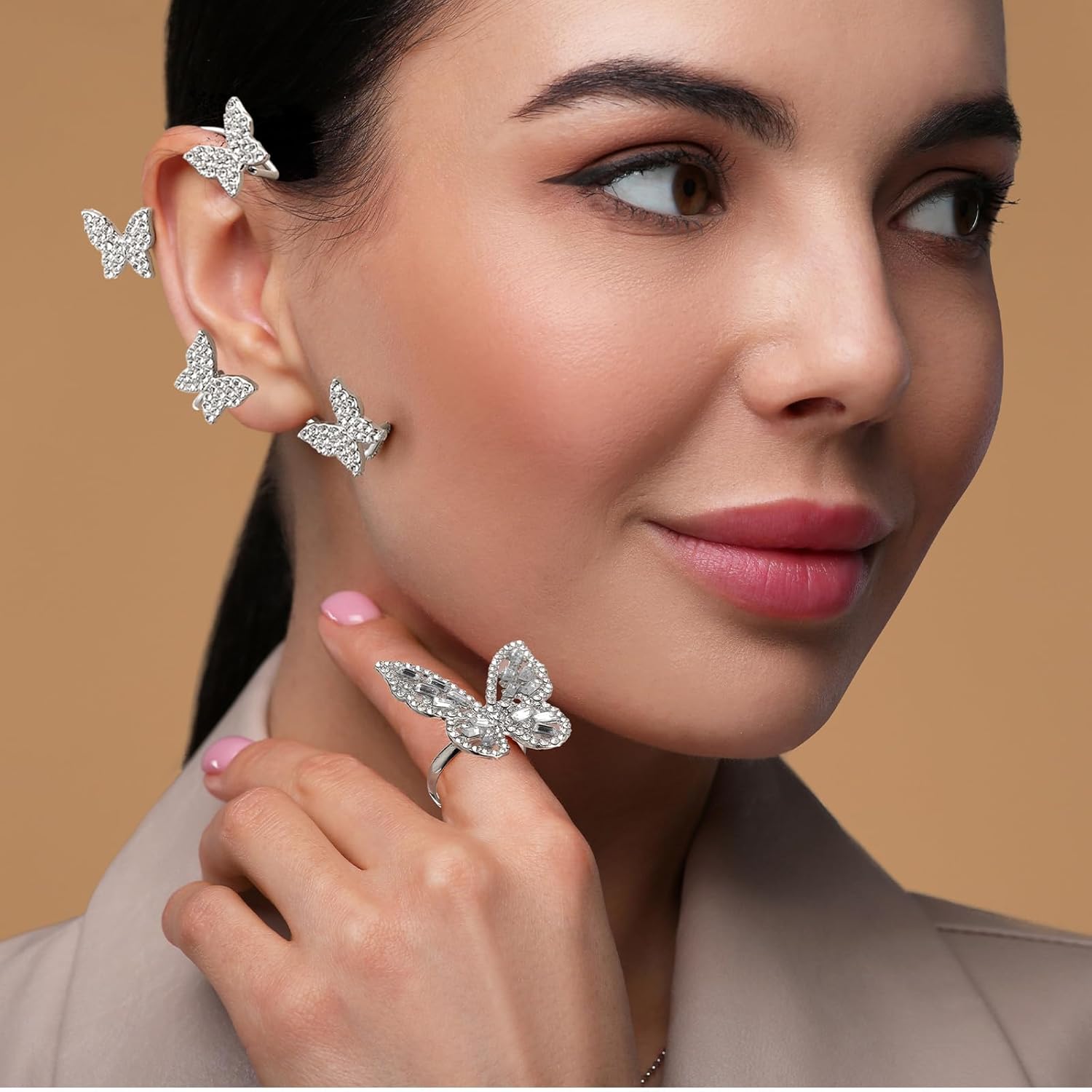 Landical 4 Pcs Butterfly Rhinestone Silver Jewelry Set Includes Necklace, Ear Clips, Bracelet and Ring with Zircon for Women - Image 8