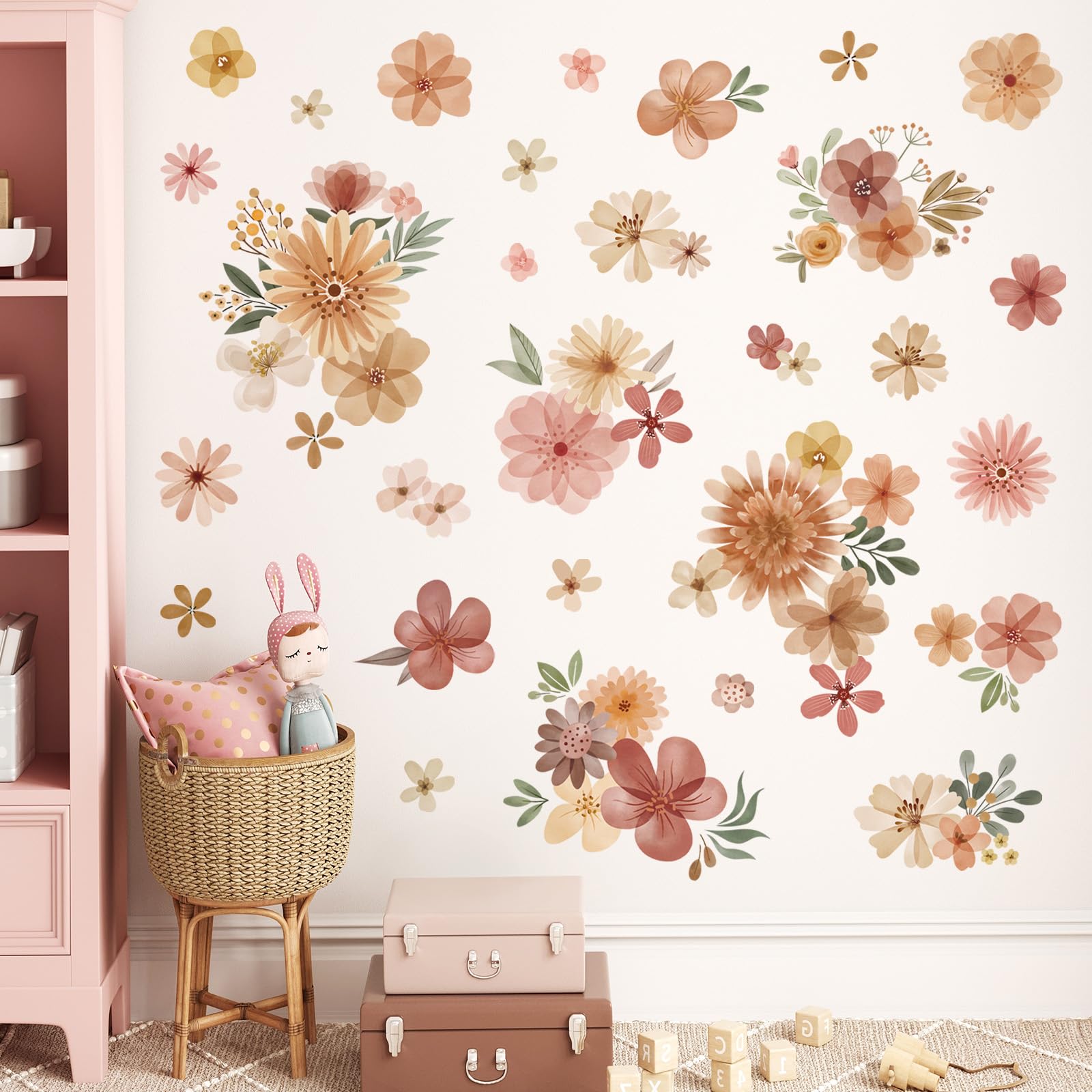 decalmile Boho Daisy Flower Wall Decals Bohemian Retro Watercolor Floral Wall Stickers Baby Nursery Girls Bedroom Living Room Wall Decor - Image 2