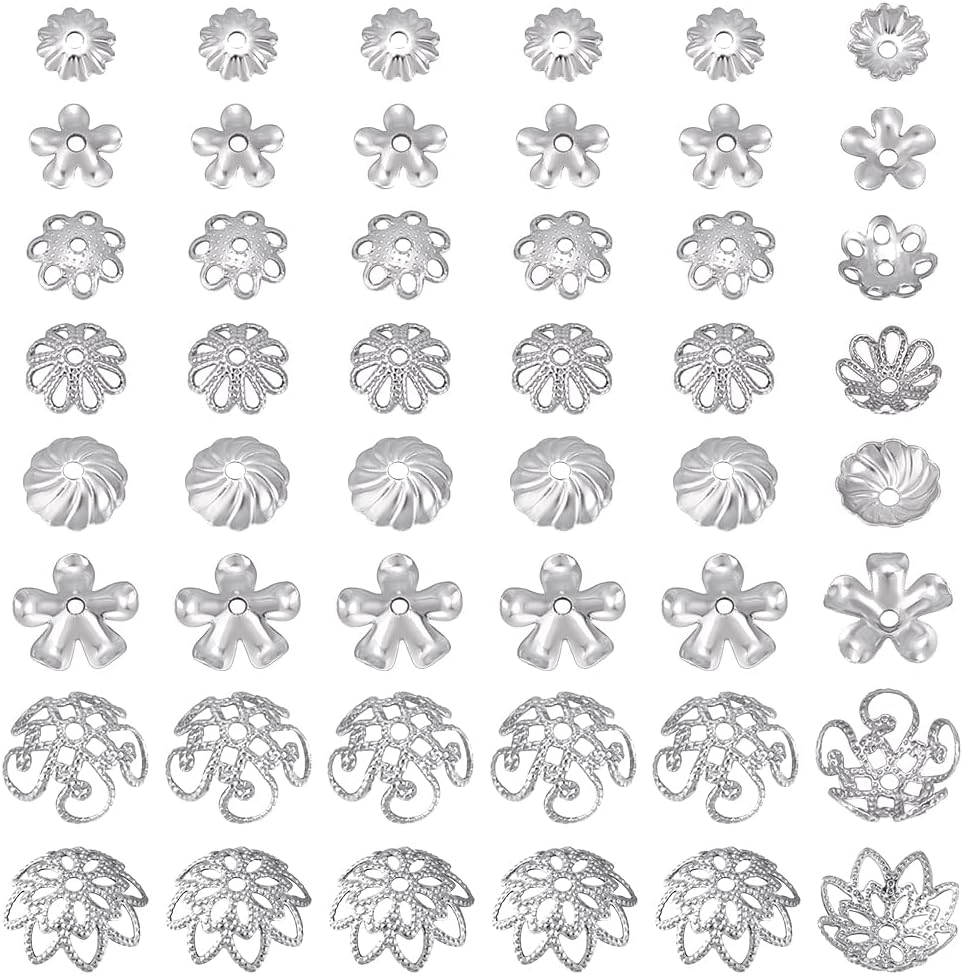 PH PandaHall 240pcs 8 Styles Flower Bead Caps, 304 Stainless Steel End Caps 5~10mm Flower Spacer Bead Tassel End Beading Muiti-Petal Bead Caps for Bracelet Necklace Earring Crafts DIY Jewelry Making