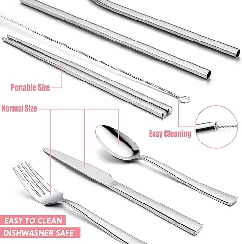 Miniatura 3 de HaWare - Utensilios portátiles de viaje de 9 piezas con funda, juego de cubiertos de acero inoxidable para campamento, oficina, almuerzo, cubiertos