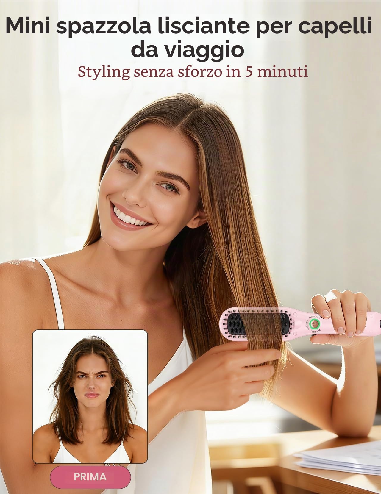 LANDOT Mini spazzola lisciante per capelli: piastra lisciante e spazzola per capelli 2 in 1 per una facile e veloce lisciatura – piccola spazzola lisciante ideale per capelli corti e medi