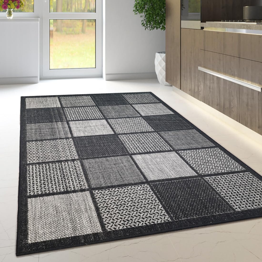 Viva Rugs Non Slip Rug Kitchen Living Room Fat Weave Check Carpet Small Large Runner Mat (160x225cm - 5'3''x7'4''ft, Black Checkered) — image 1