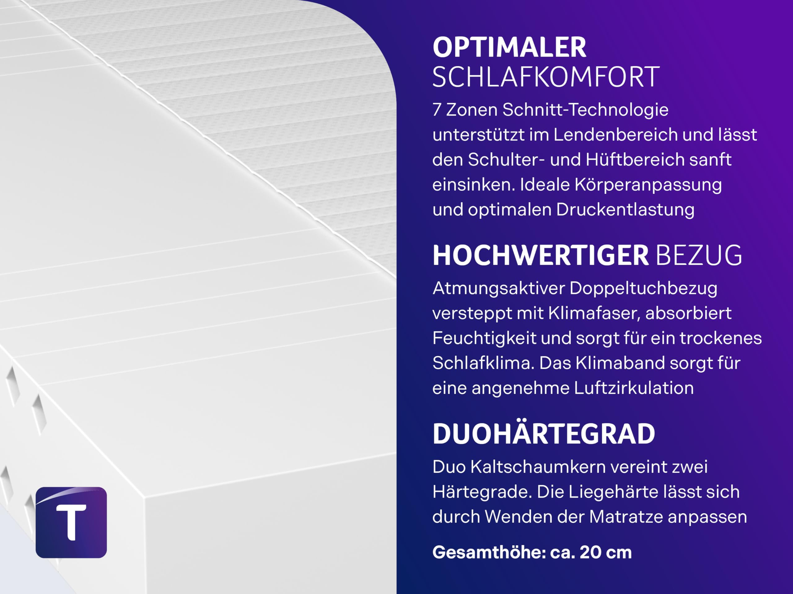 Traumnacht Premium 2 in 1 Duo - orthopädische 7-Zonen Kaltschaummatratze, Härtegrad 2 und 3, Öko-Tex Zertifiziert, 90x200 cm, Höhe 20 cm produziert nach deutschem Qualitätsstandard