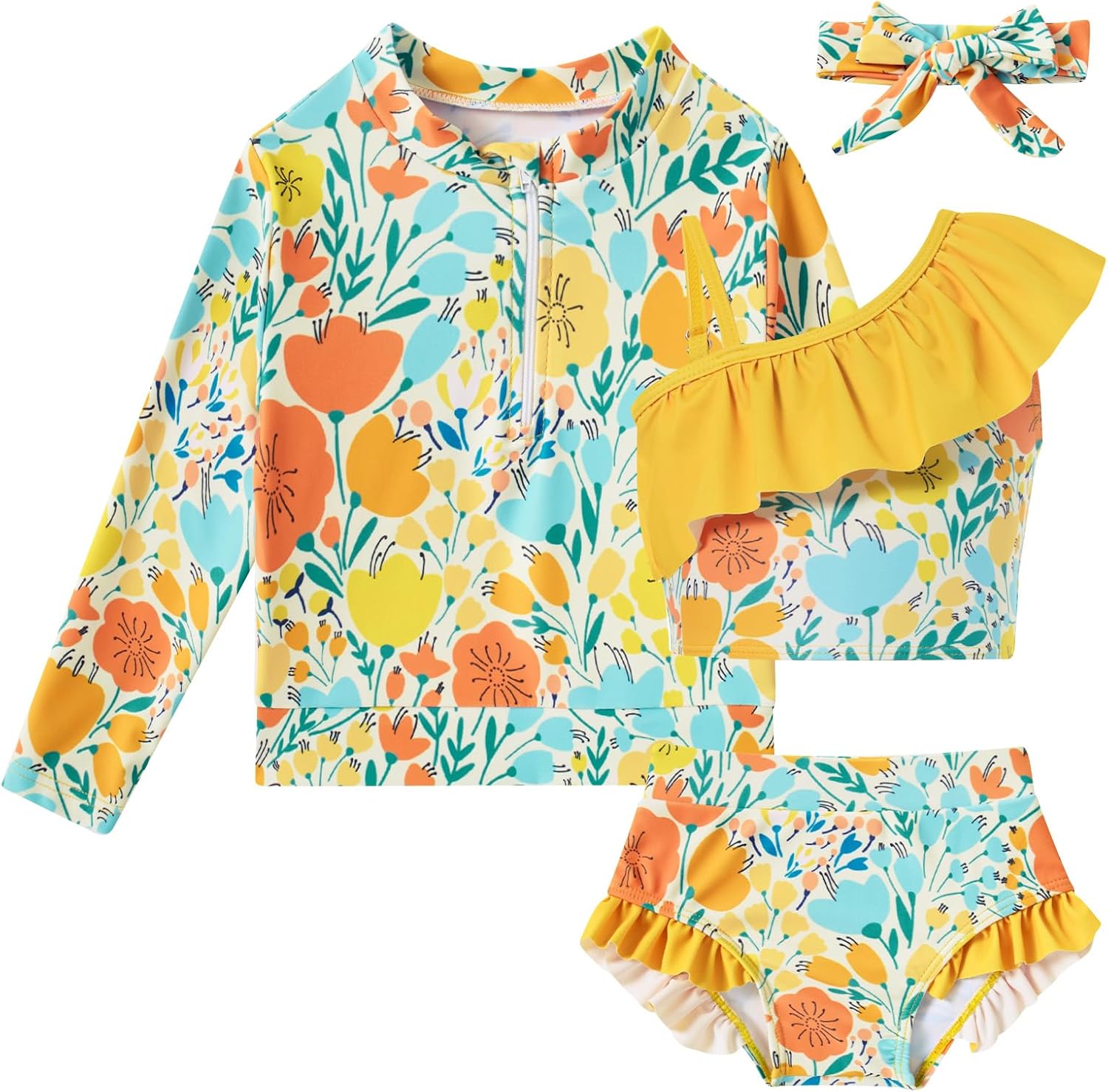 Funnycokid ベビー 幼児 女の子 水着 4ピース 水着 長袖 ラッシュガード セット 6か月~5歳