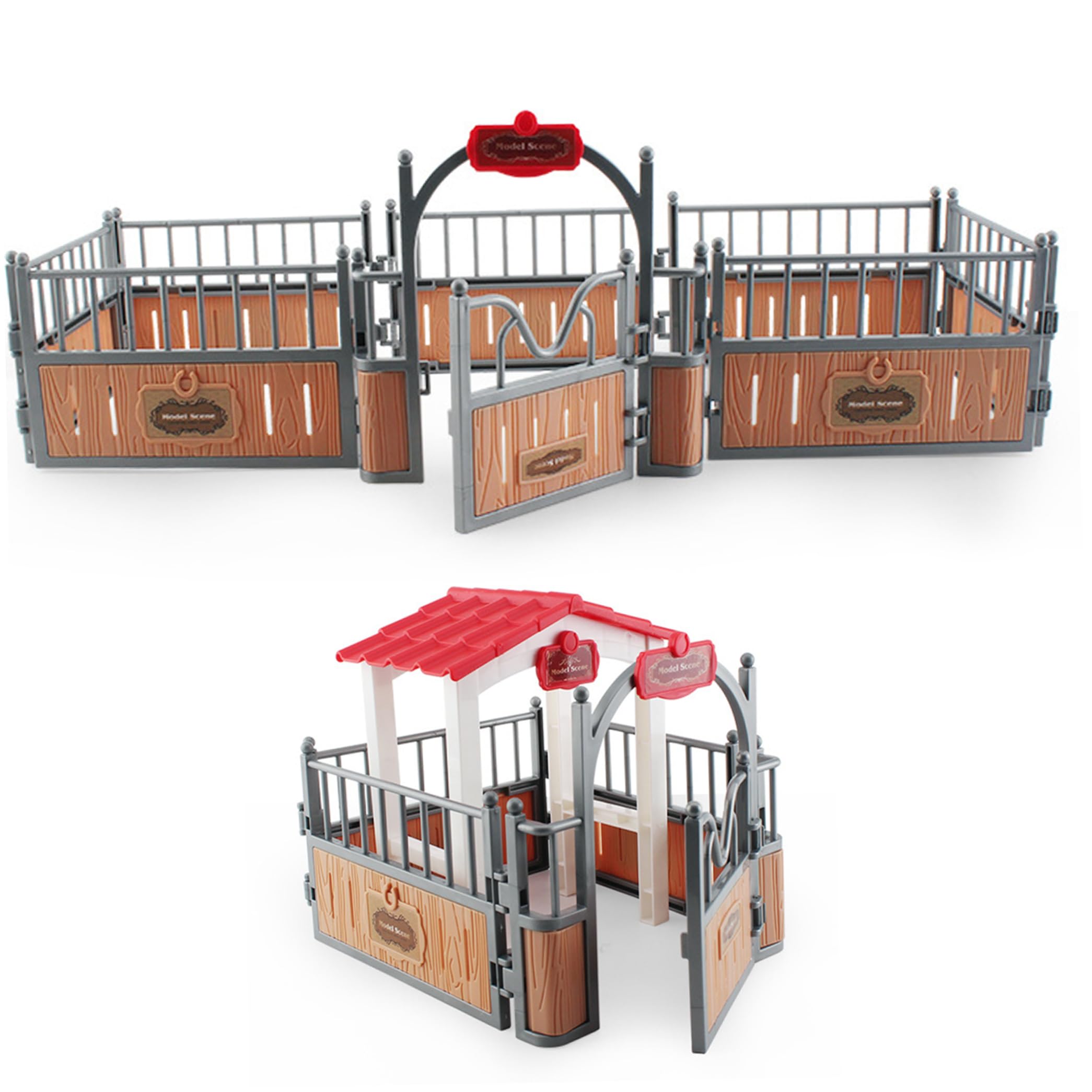 Pferde Spiel Zubehör，Pferd Stallset Zaun 17.3x7.9x5.9 '' Realistisches Plastik Pferdes Scheune Playset Zaun imaginär und kreatives Bildungsspielz