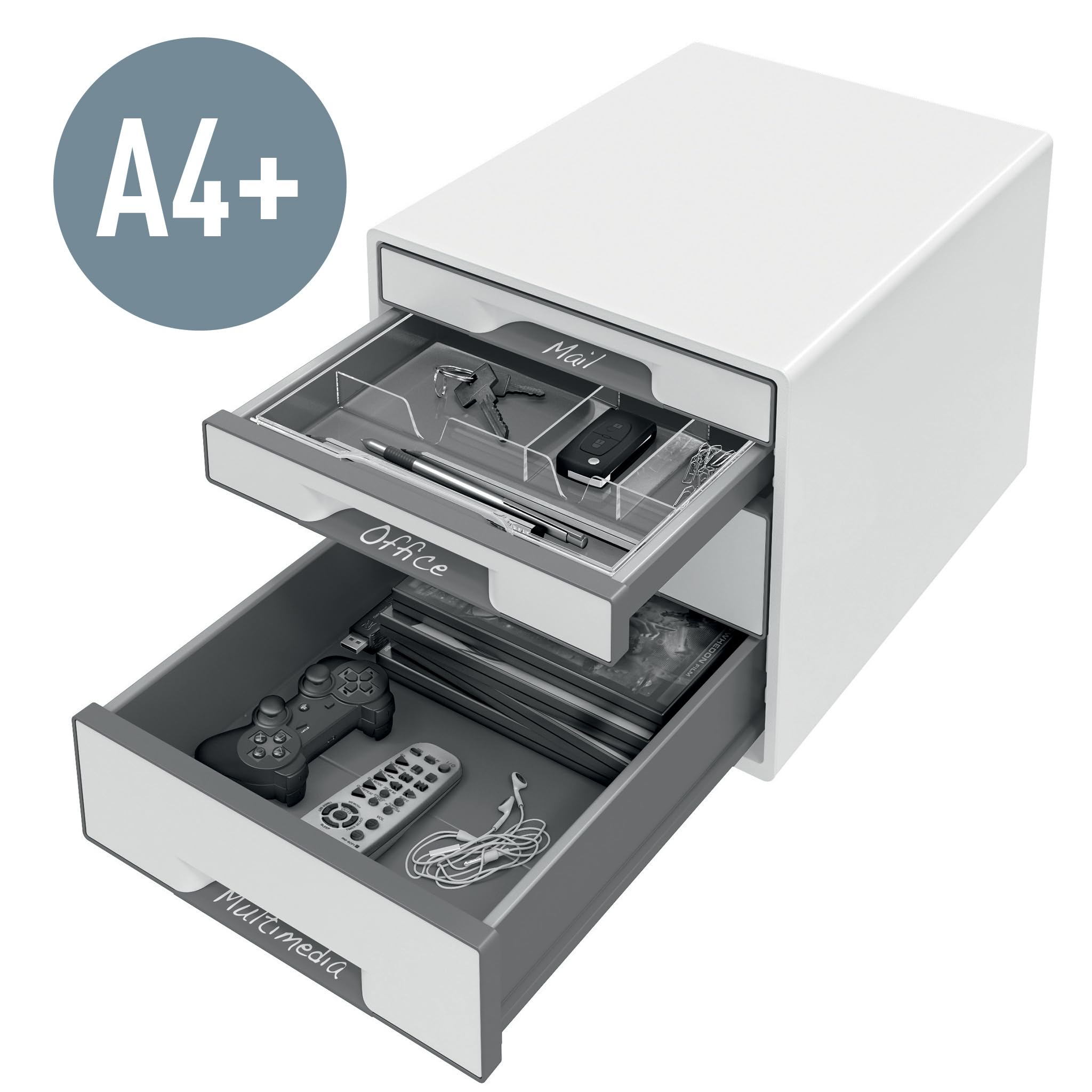 Leitz CUBE Schubladenbox mit 4 Schubladen, Weiß/Grün, A4, Inkl. transparentem Schubladeneinsatz, WOW, 52132054