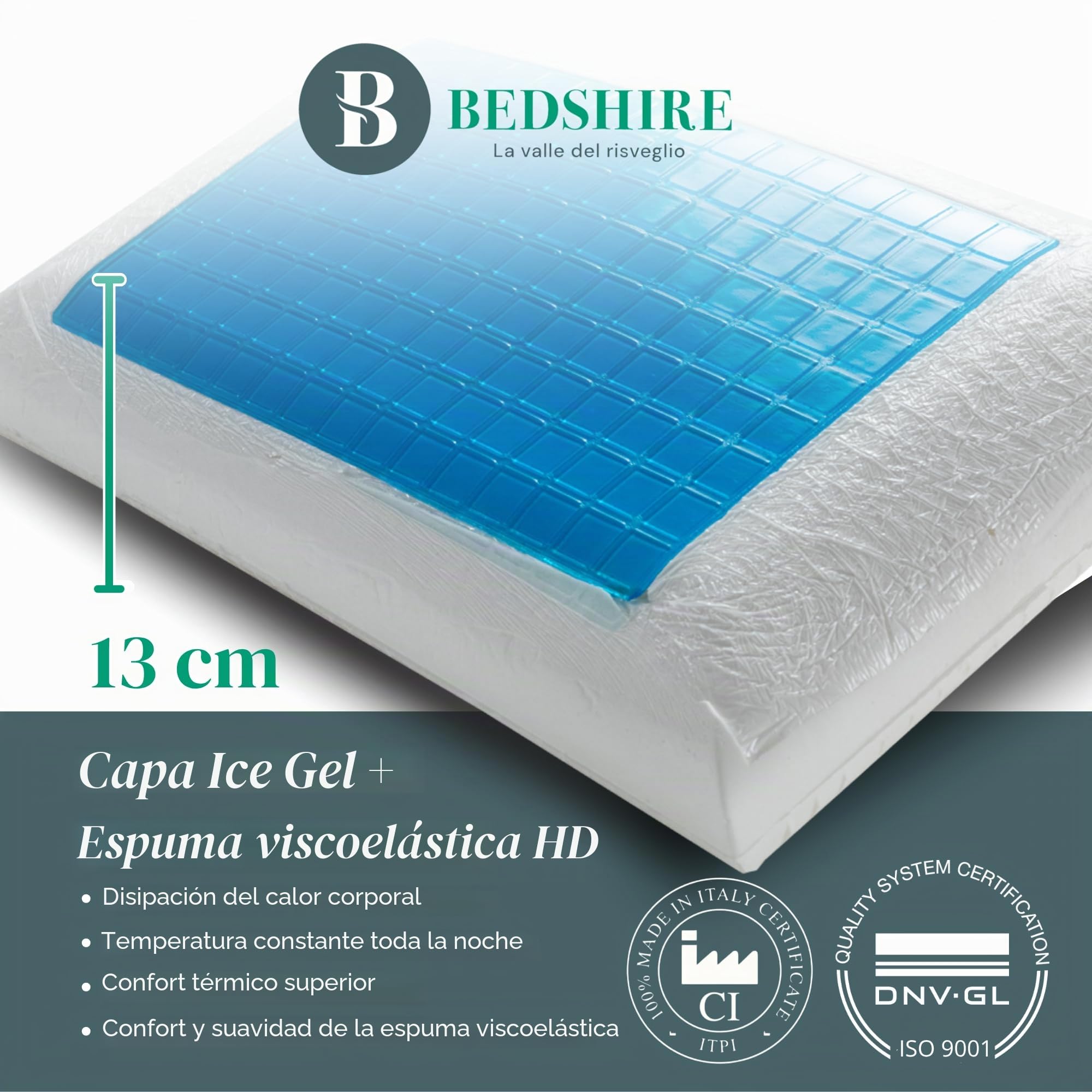 Bedshire Pillow - Almohada cervical para dormir, ortopédica, refrescante, almohada con espuma viscoelástica HD, funda de algodón con gel termorregulador desenfundable de 13 cm de altura, fabricada en