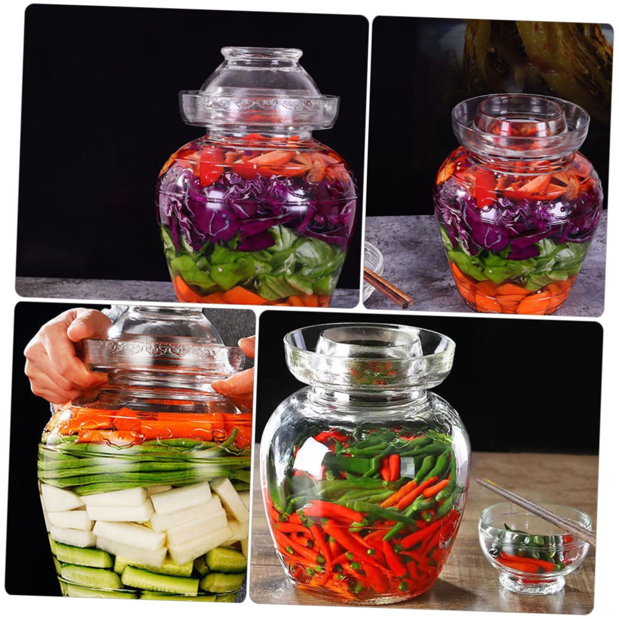 Uonlytech Barattolo per Fermentazione Alimentare in Vetro Spesso con Coperchio Sigillante Vaso per Sottaceti e Verdure Design Inciso Trasparente Capacità Uso Domestico e Conservazione